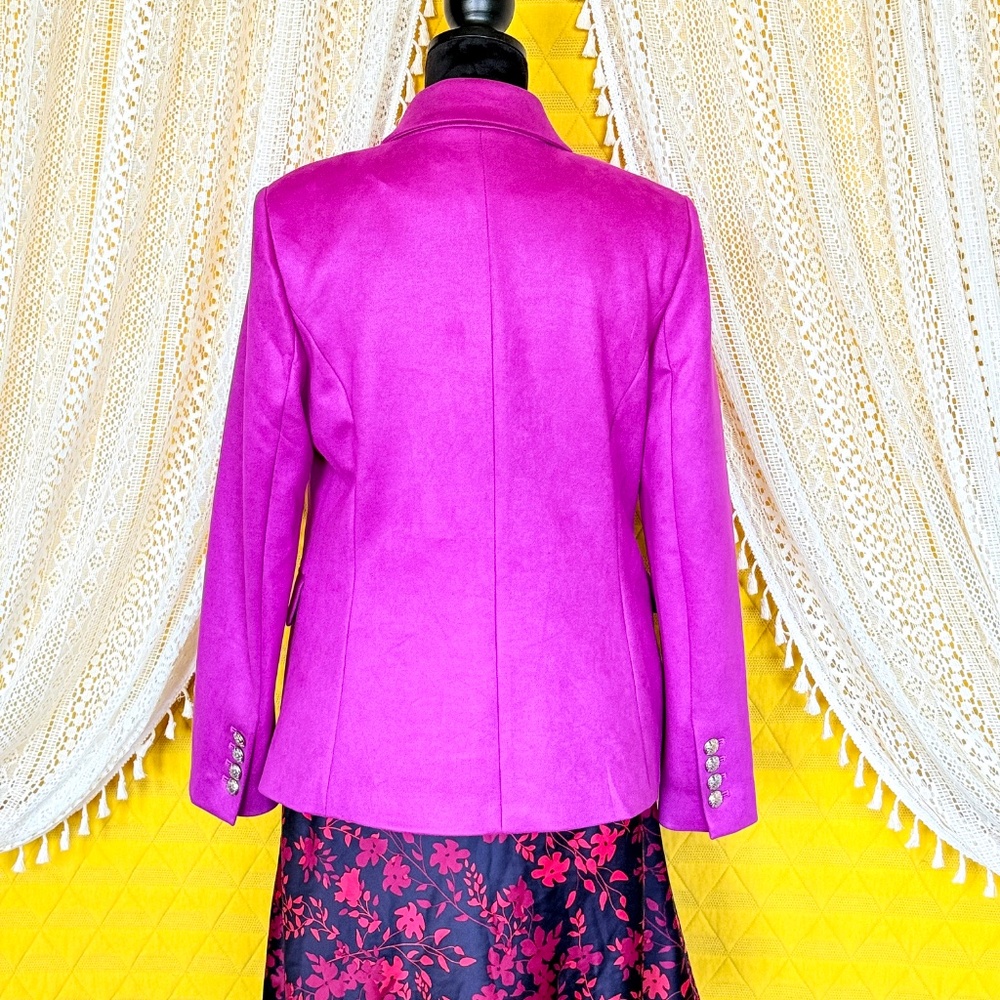 Bold Magenta Preppy Career Faux Suede Double Breasted Studio Blazer WHBM Size 12 - Picture 6 of 17
